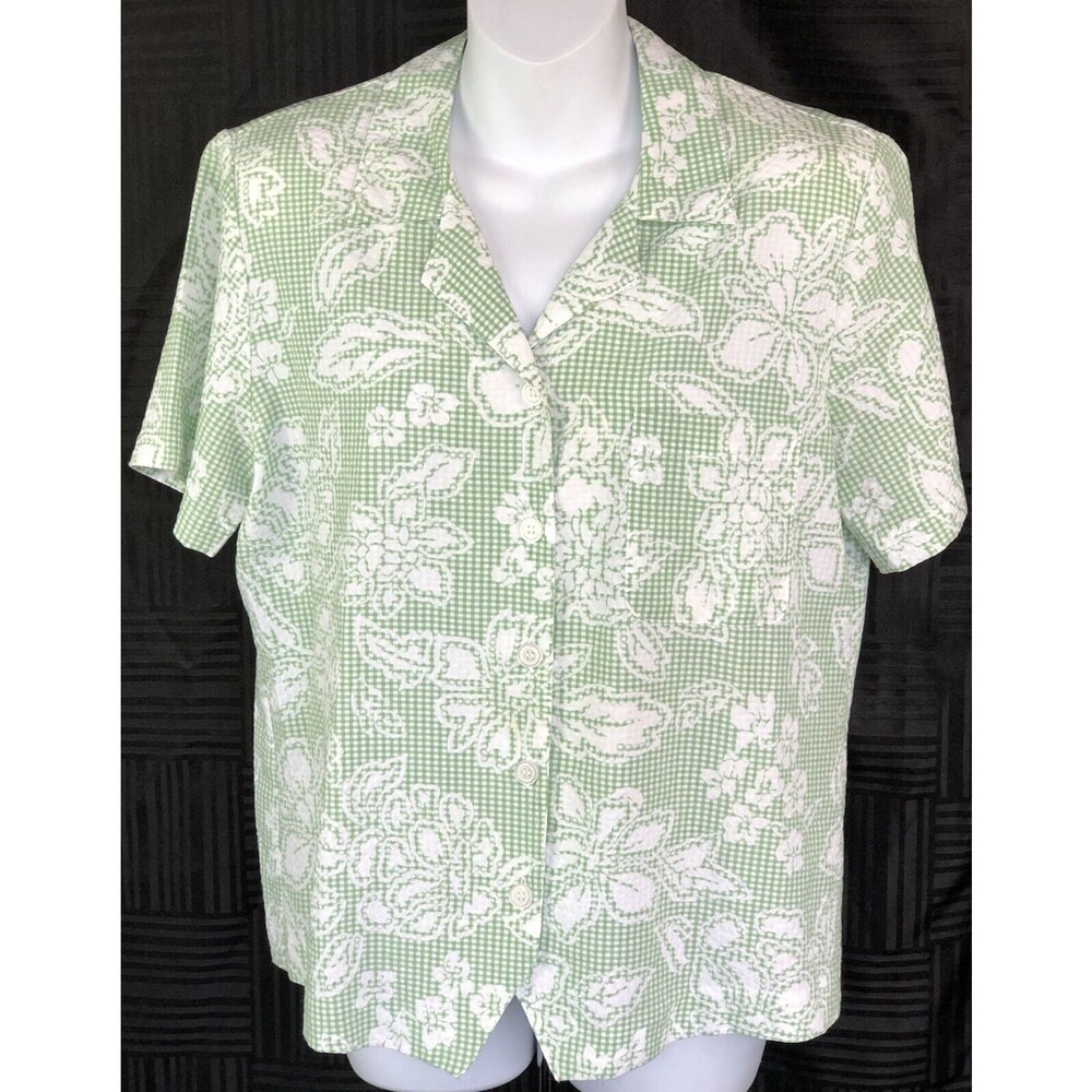 Alfred Dunner top blouse 8 Green floral button front short sleeve cottage core